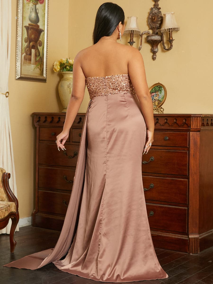 Plus Size Strapless Satin Split Brown Prom Dress