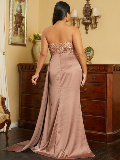 Plus Size Strapless Satin Split Brown Prom Dress