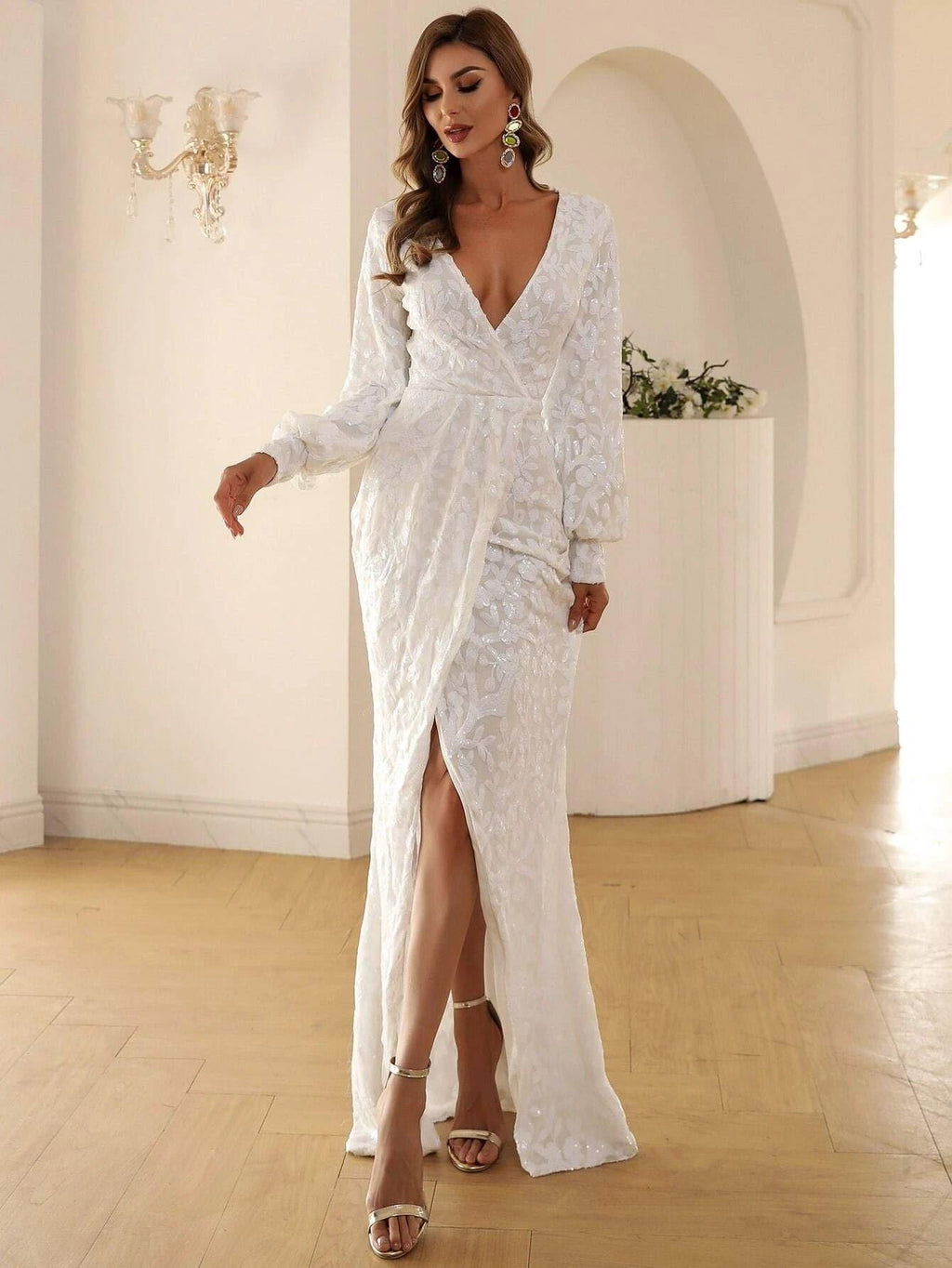 V-neck Split Sequin Wedding Guest Dress