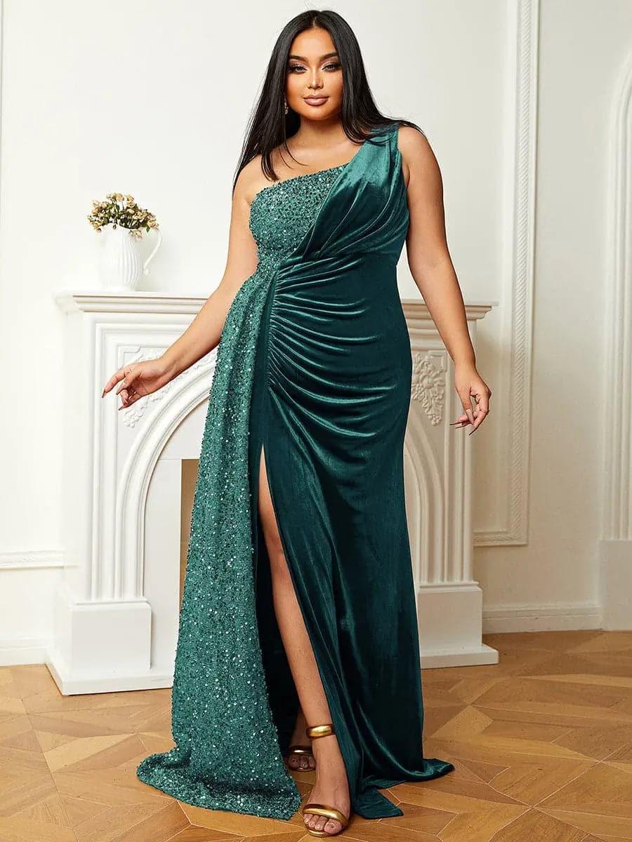 One Shoulder Velvet Split Thigh Prom Dress