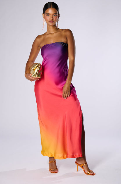 SATIN STRAPLESS MAXI DRESS
