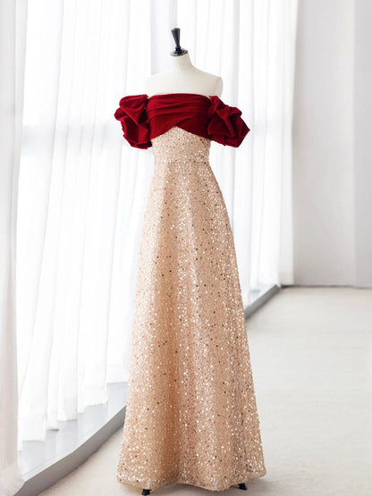 Champagne A-Line velvet Long Prom Dress