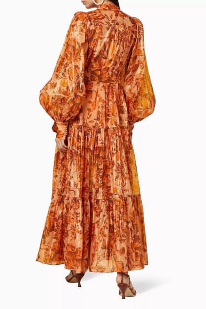 kelly Printed Balloon Sleeve Maxi Dress in brown