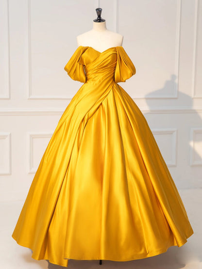 Yellow Off Shoulder Satin Prom Dress