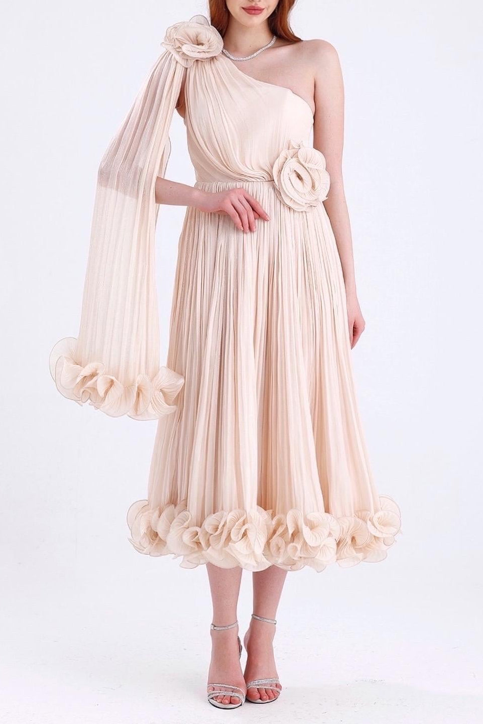 simona one shoulder 3d flower ruffle hem maxi dress in apricot