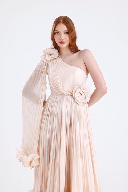 simona one shoulder 3d flower ruffle hem maxi dress in apricot