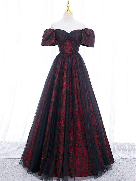 A-Line Tulle Lace Black/burgundy Prom Dress