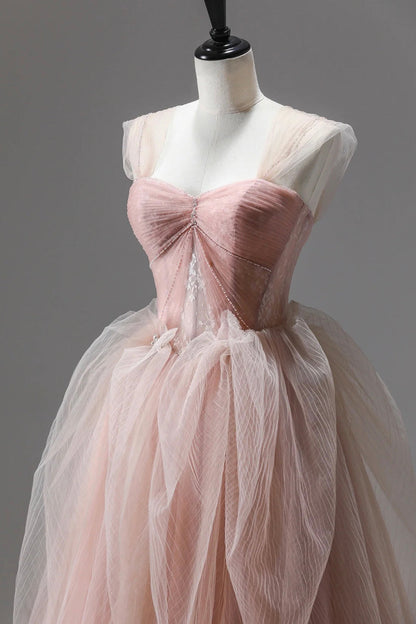 A-Line Off Shoulder Pink Prom Dress