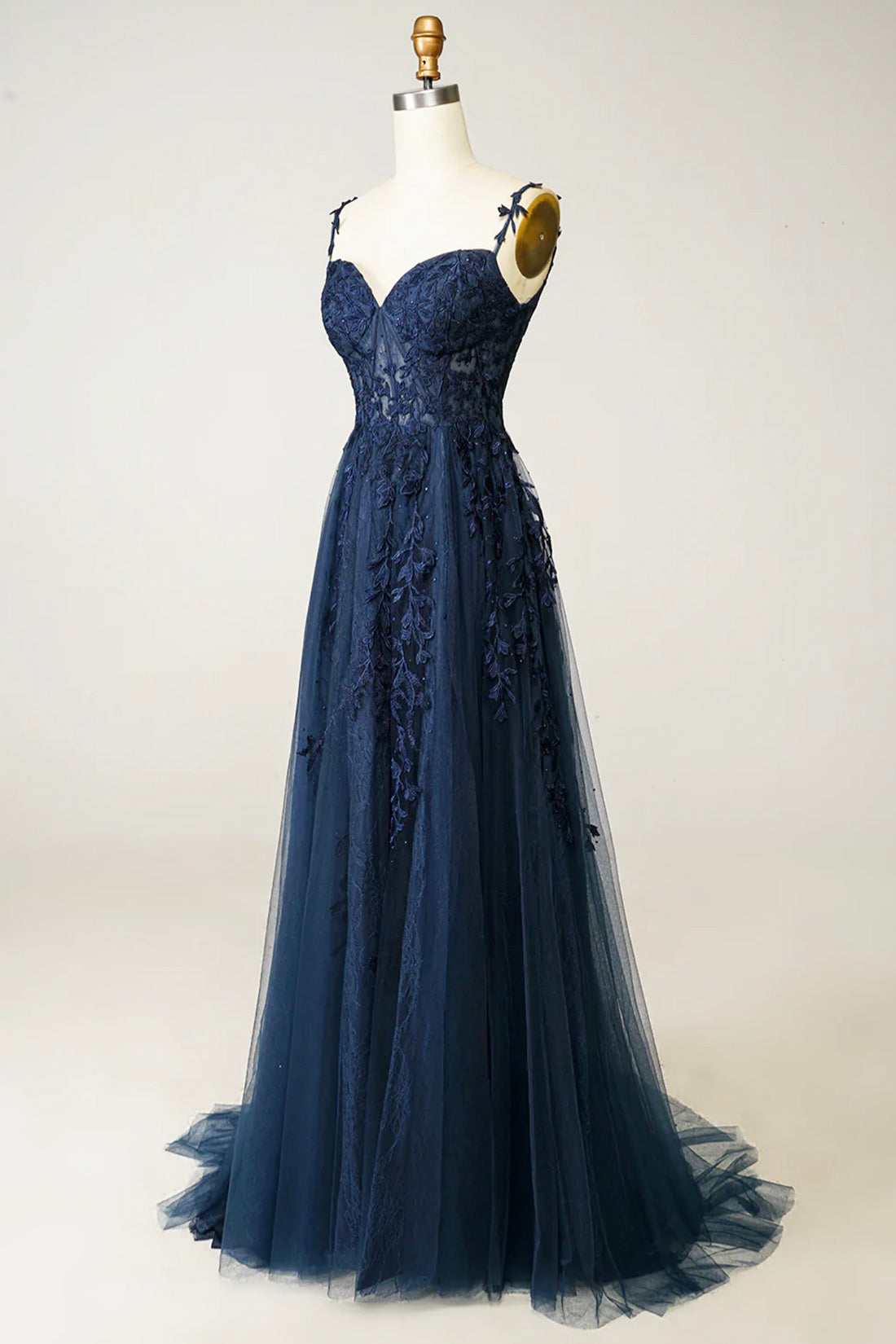 Navy Blue Tulle Lace Spaghetti Straps Dress