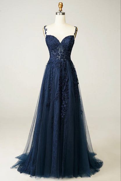 Navy Blue Tulle Lace Spaghetti Straps Dress