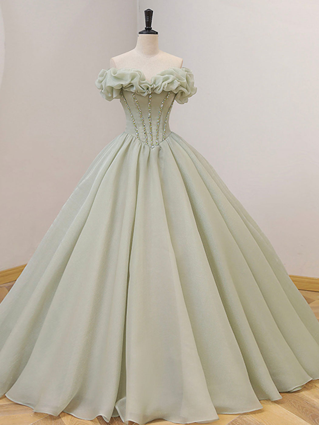 Tulle Green A-Line Long Prom Dress