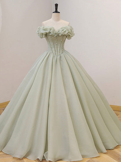 Tulle Green A-Line Long Prom Dress