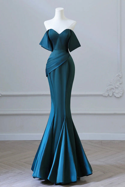 Off Shoulder Satin Ink Blue Prom Dress