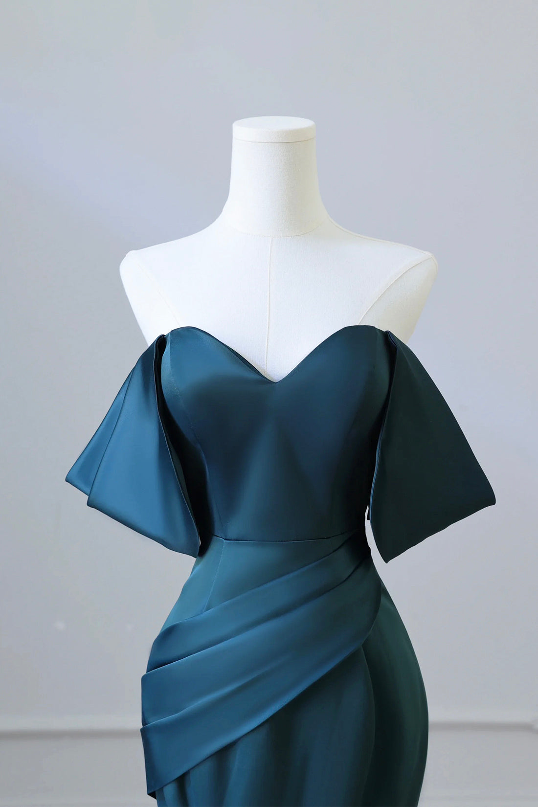 Off Shoulder Satin Ink Blue Prom Dress