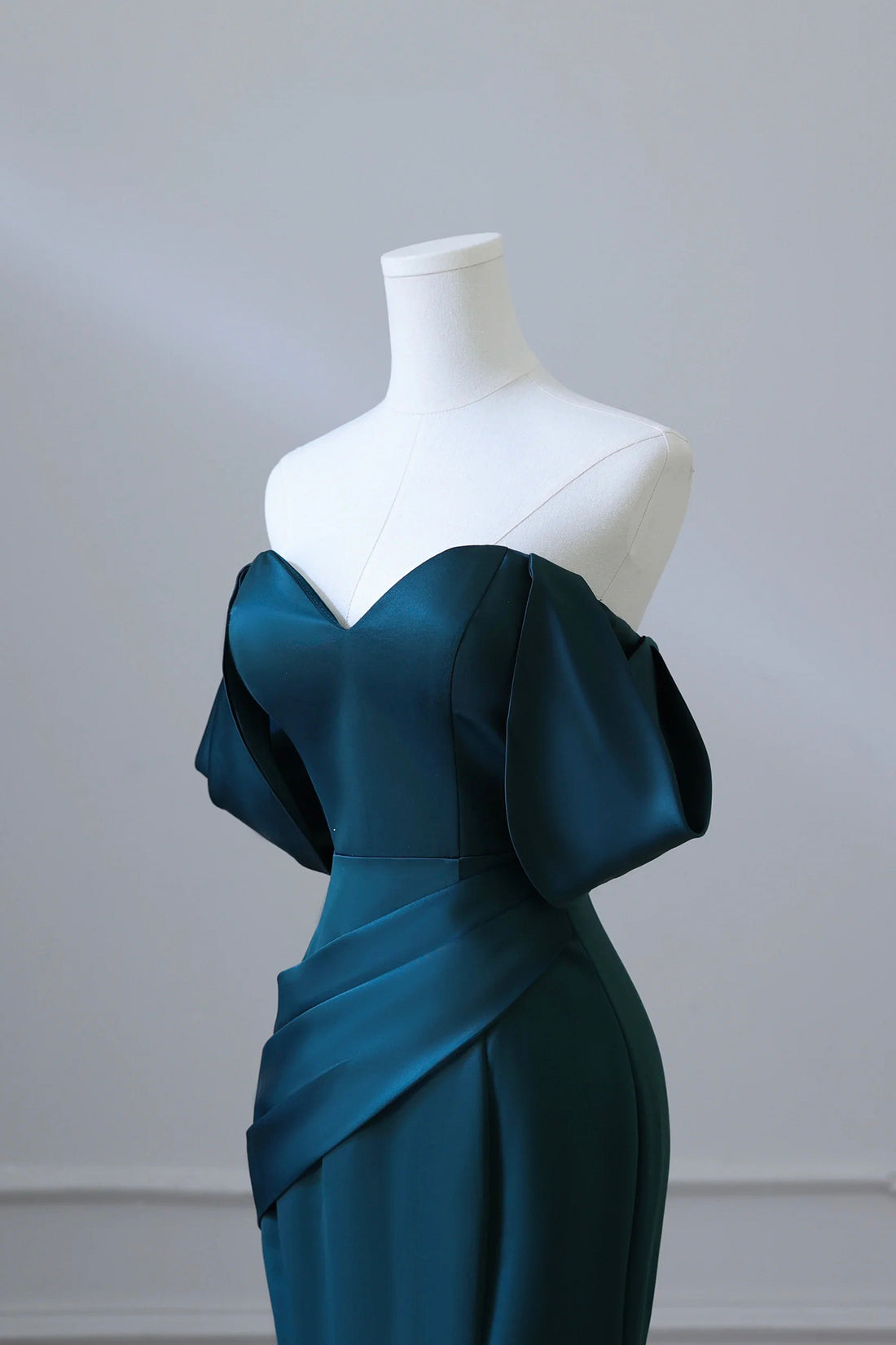 Off Shoulder Satin Ink Blue Prom Dress