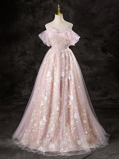 A-Line Off Shoulder Pink Dress