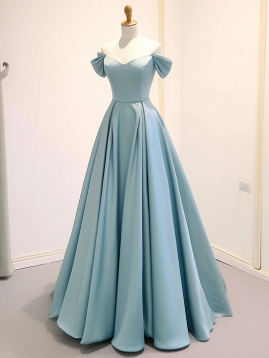 A-Line Off Shoulder Satin Blue Dress