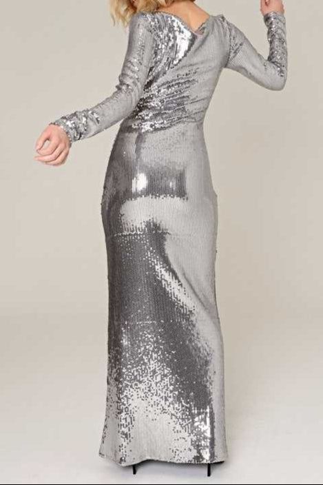 sequin long sleeve cut out maxi dress in silver