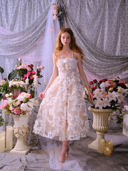 Stereoscopic Flower Rhinestone Chain maxi Dress in white