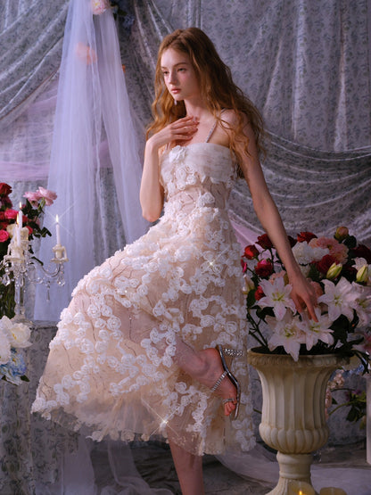 Stereoscopic Flower Rhinestone Chain maxi Dress in white