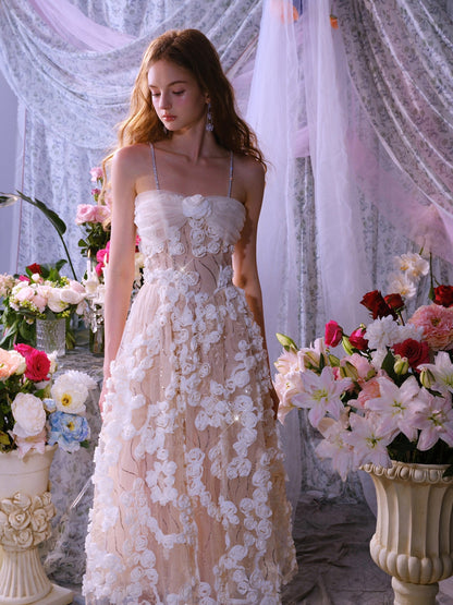 Stereoscopic Flower Rhinestone Chain maxi Dress in white