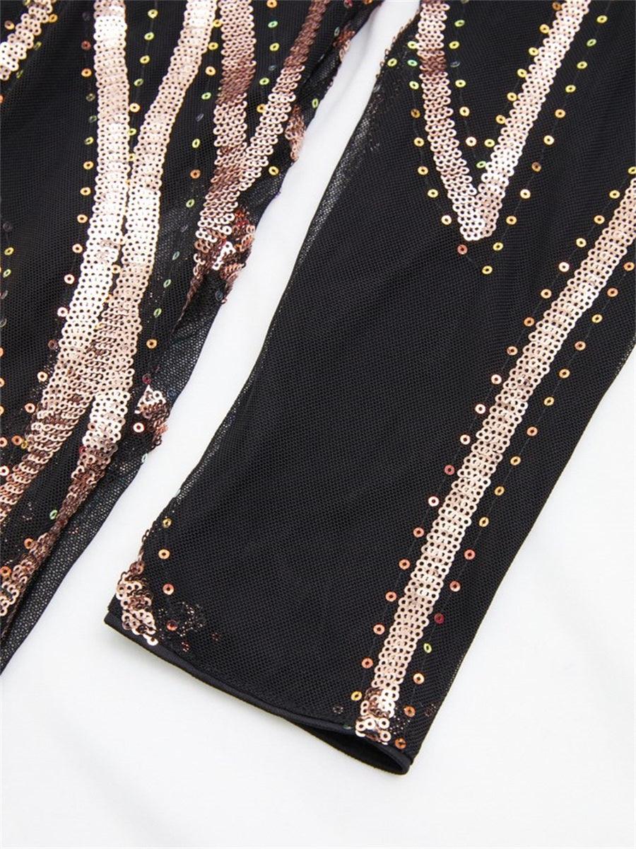 Aライン ロングスリーブ スパンコール ブラック ドレス