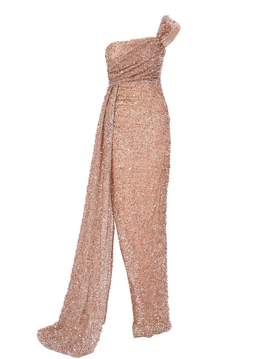 One Shoulder Draped Sequin Dress