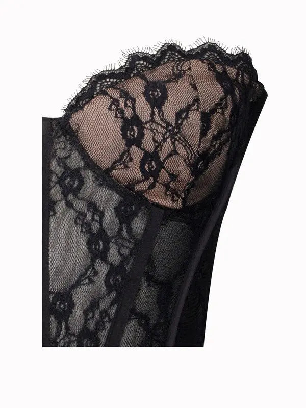 Abito lungo con corsetto in pizzo nero Zen